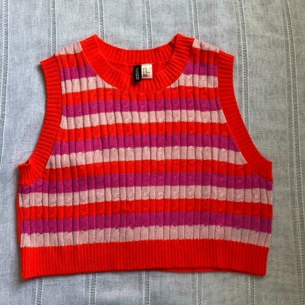 Divided stripped cropped sweater vest in vibrant colors.